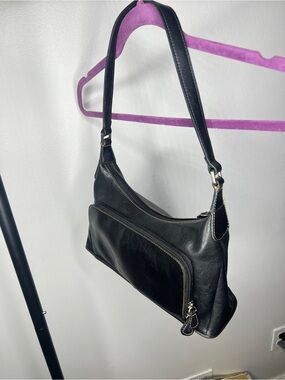 Black Leather Shoulder Bag with Front Zip Pocket